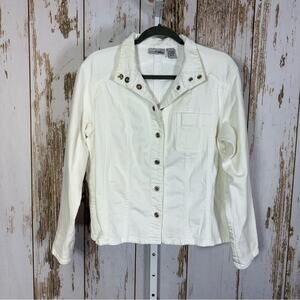 Chico's, White Stretch Jean Jacket with Button Detail. Size 2(L/12).